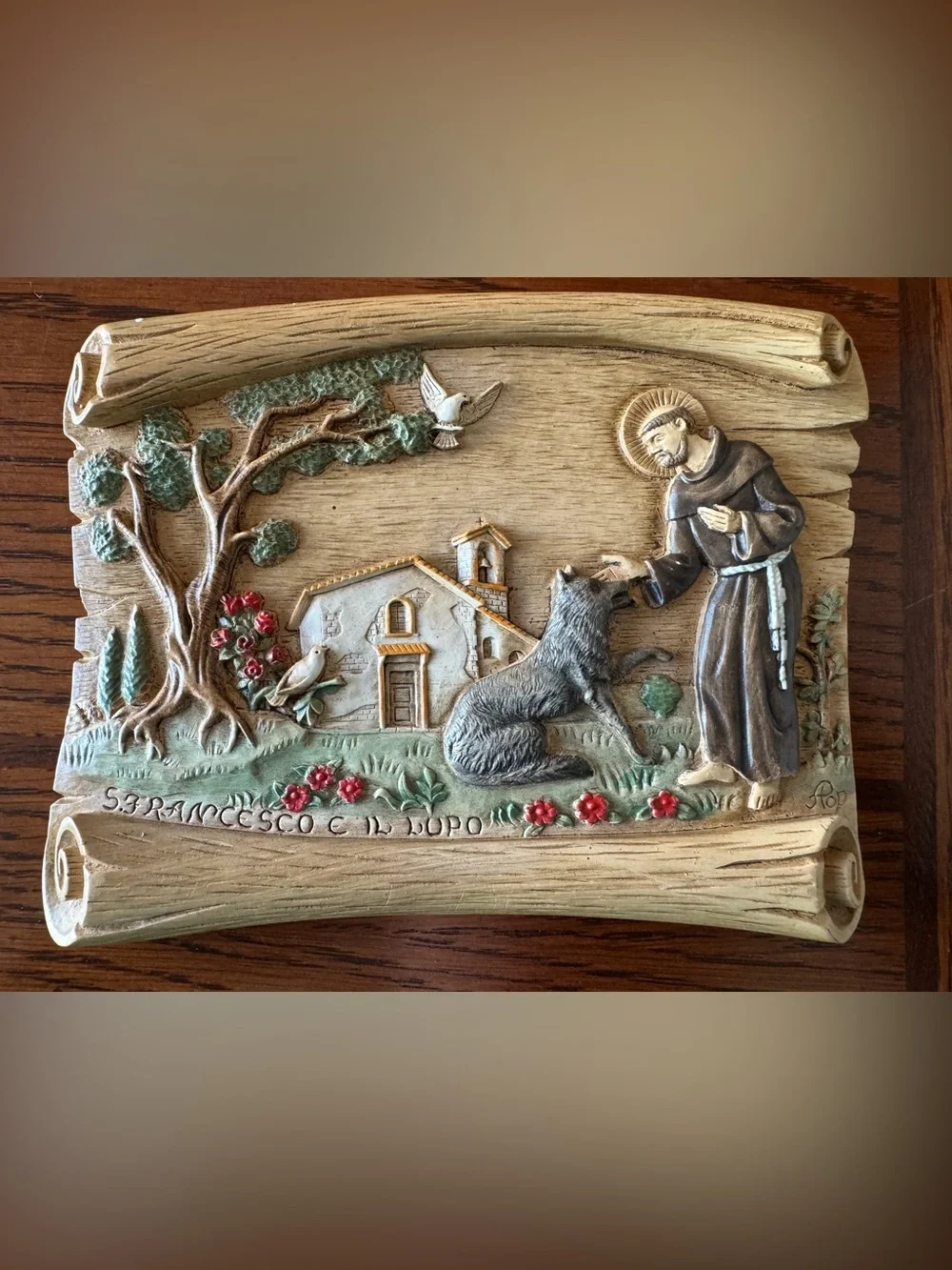 Vtg St. Francis Of Assisi Wall Plaque Art Dipinto a Mano Handmade Francesco